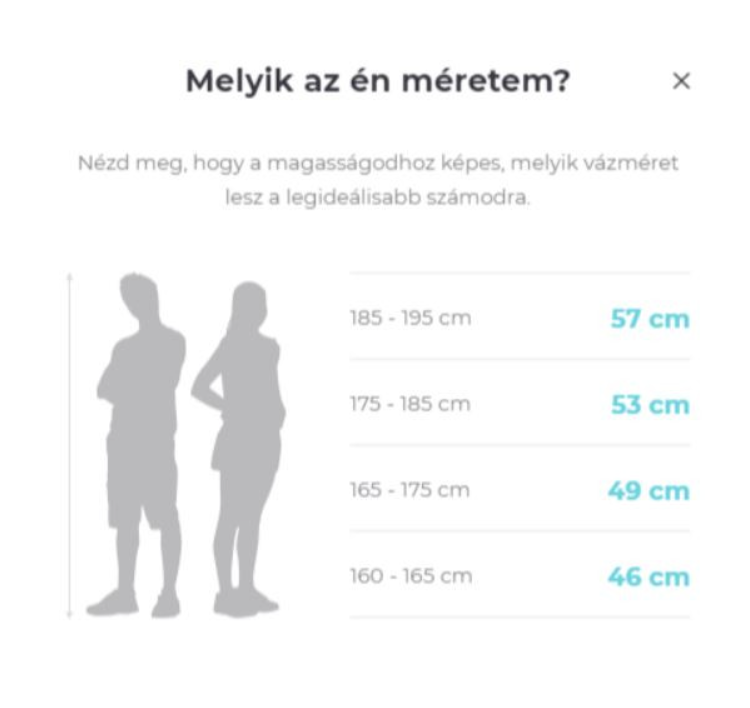 Gepida kerékpár mérettáblázat: testmagasság és cm-es vázméret