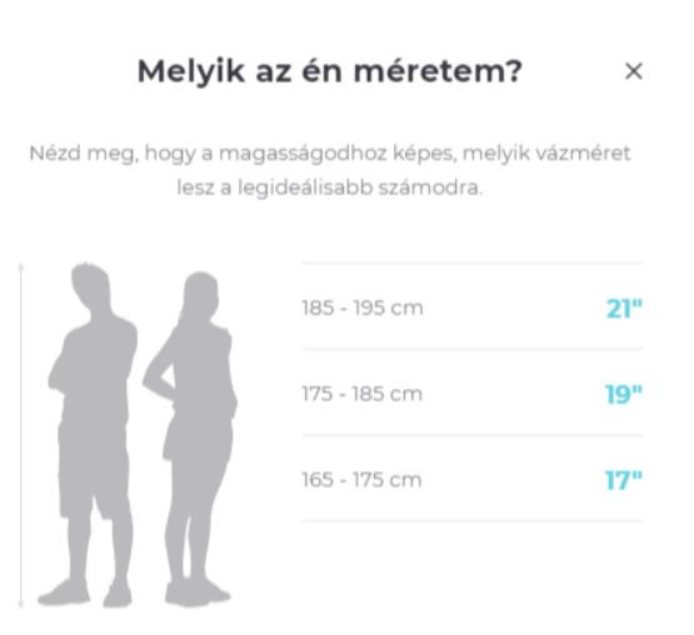 Gepida kerékpár mérettáblázat: testmagasság és hüvelykes (col) vázméret