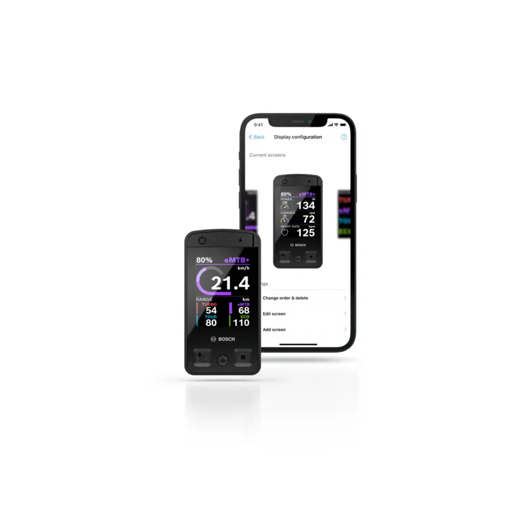 Bosch Smart System kijelző és az eBike Flow app kijelzőbeállító képernyője